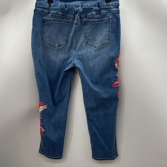 Chico’s Embroidered Cropped Pull Up Blue Jeans with Pink Floral Accents - Picture 2 of 6